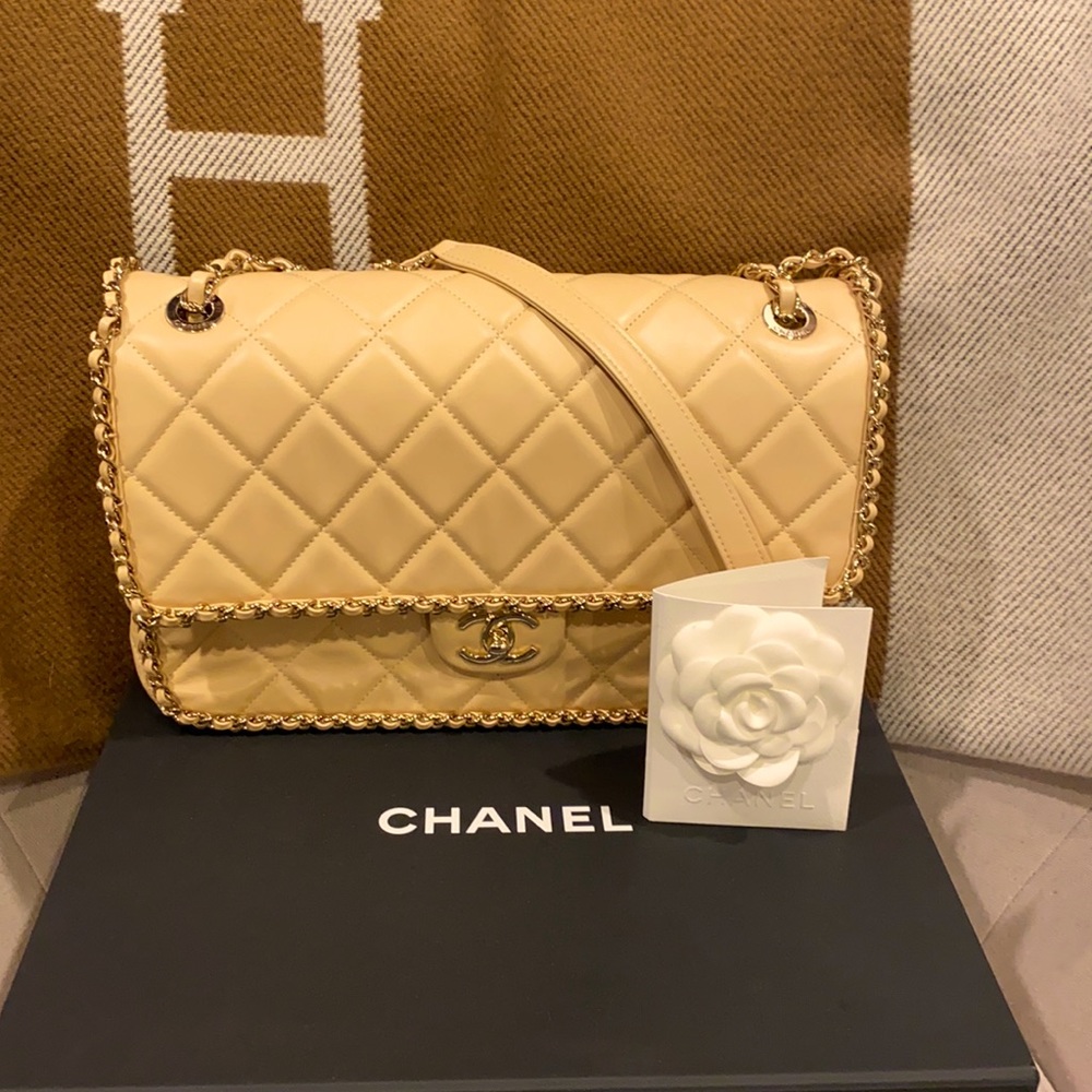 CHANEL Beige Quilted Bag with Gold Chain